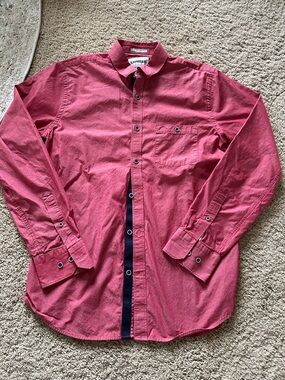 Express Men’s Long-Sleeve Slim Fit Button-Up Shirt - Dark Red with Navy Trim